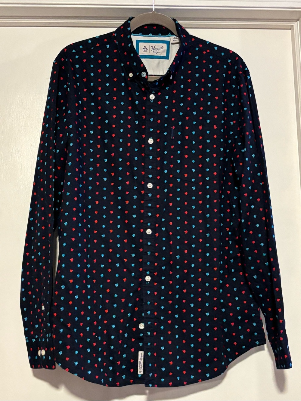 Penguin Men's Navy Button-Down Shirt with Red & Teal